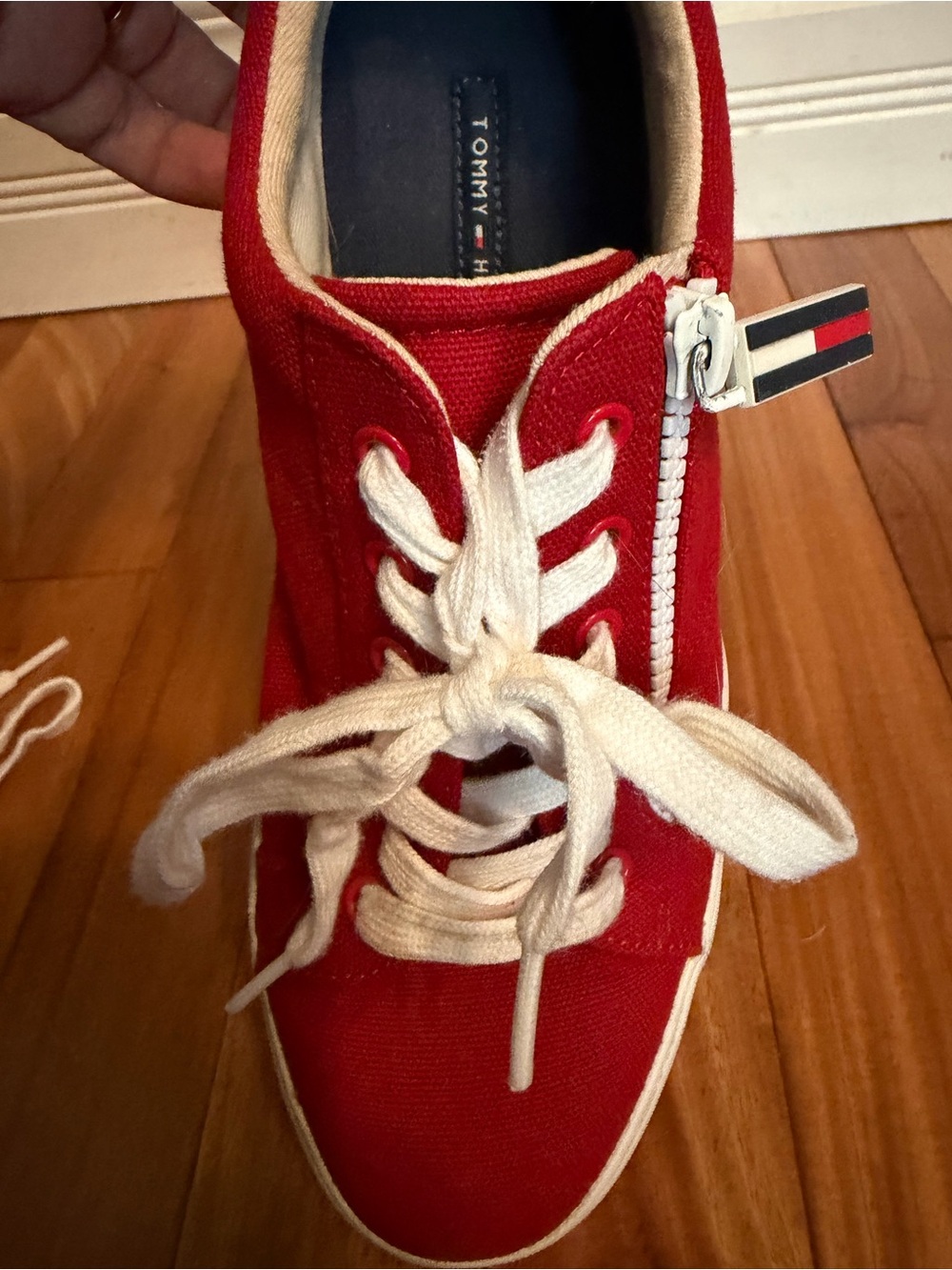 Tommy Hilfiger Women’s Red Canvas Sneaker with Navy Insole and White Trim - Picture 3 of 6